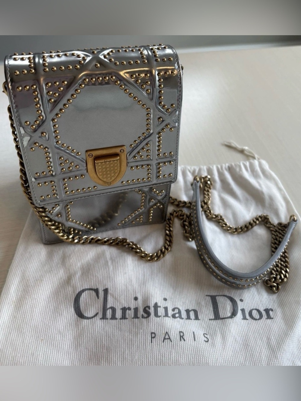 Authentic Christian Dior Diorama Vertical Clutch On Chain Studded Silver Leather